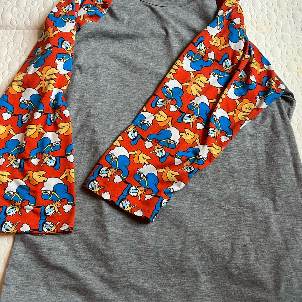 LuLaRoe Gray Top with Colorful Cartoon Sleeves